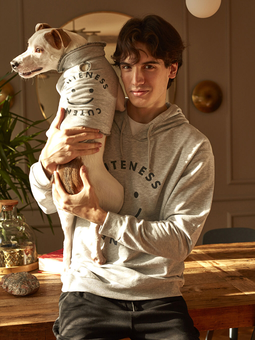 Gri Uzun Kollu Baskılı Erkek Hoodie