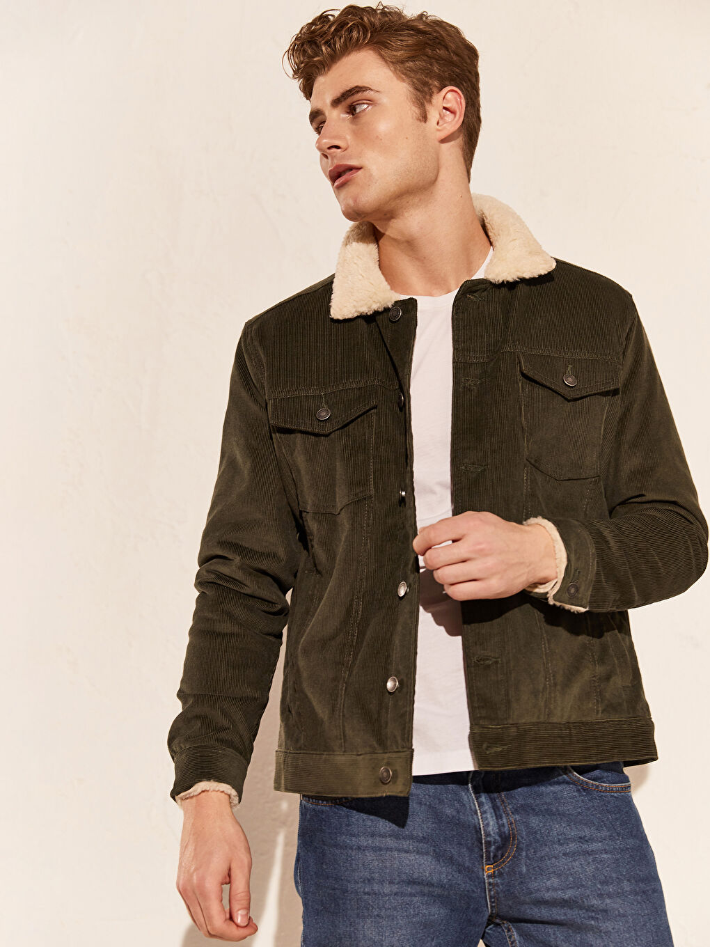 Haki Slim Fit Kürk Yaka Kadife Erkek Mont-5