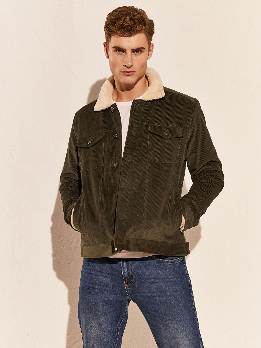 Haki Slim Fit Kürk Yaka Kadife Erkek Mont-6