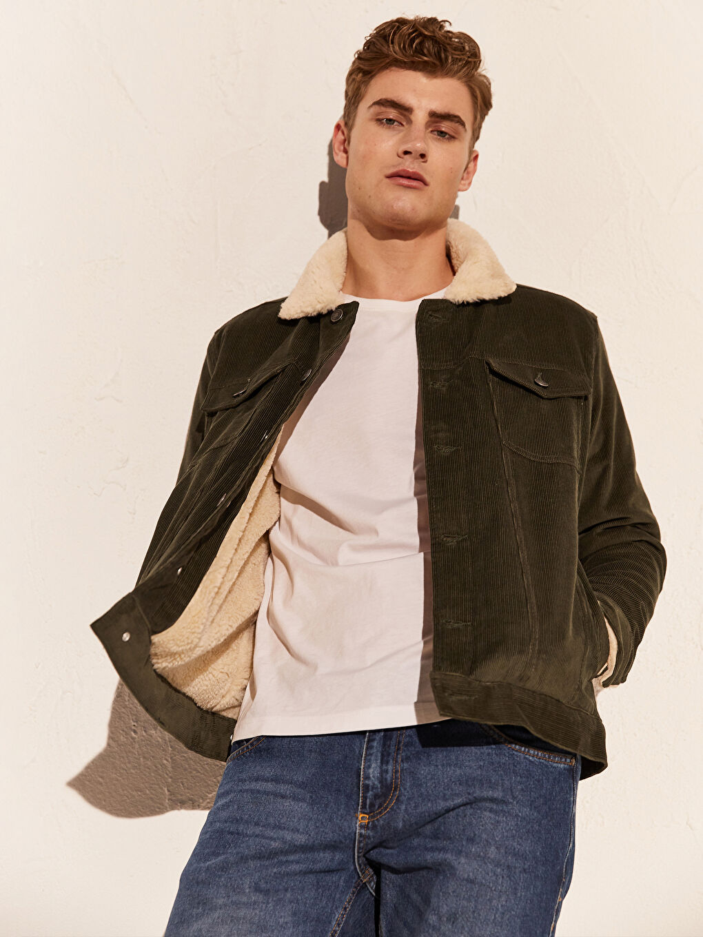 Haki Slim Fit Kürk Yaka Kadife Erkek Mont-7