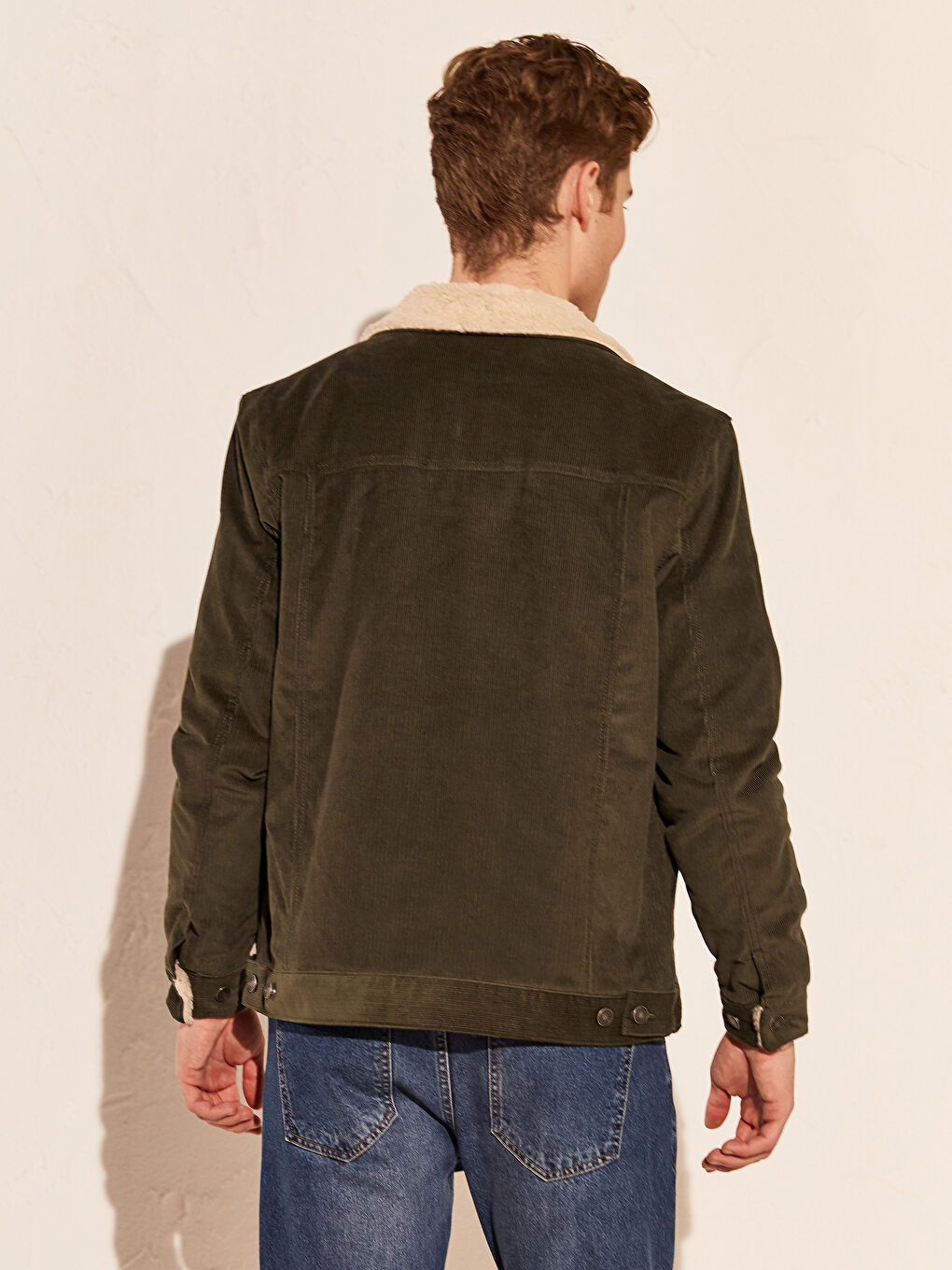 Haki Slim Fit Kürk Yaka Kadife Erkek Mont-8