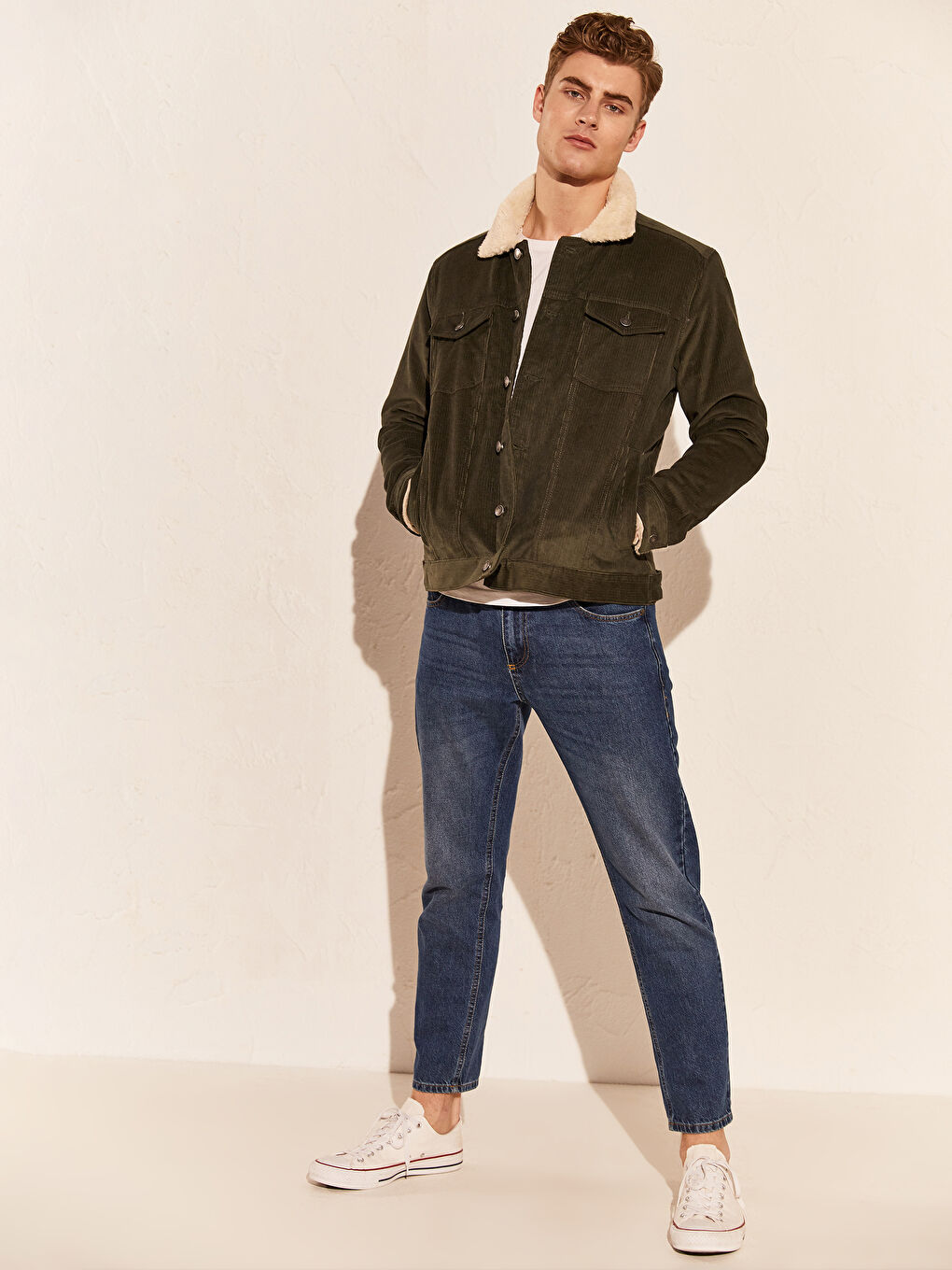 Haki Slim Fit Kürk Yaka Kadife Erkek Mont-9