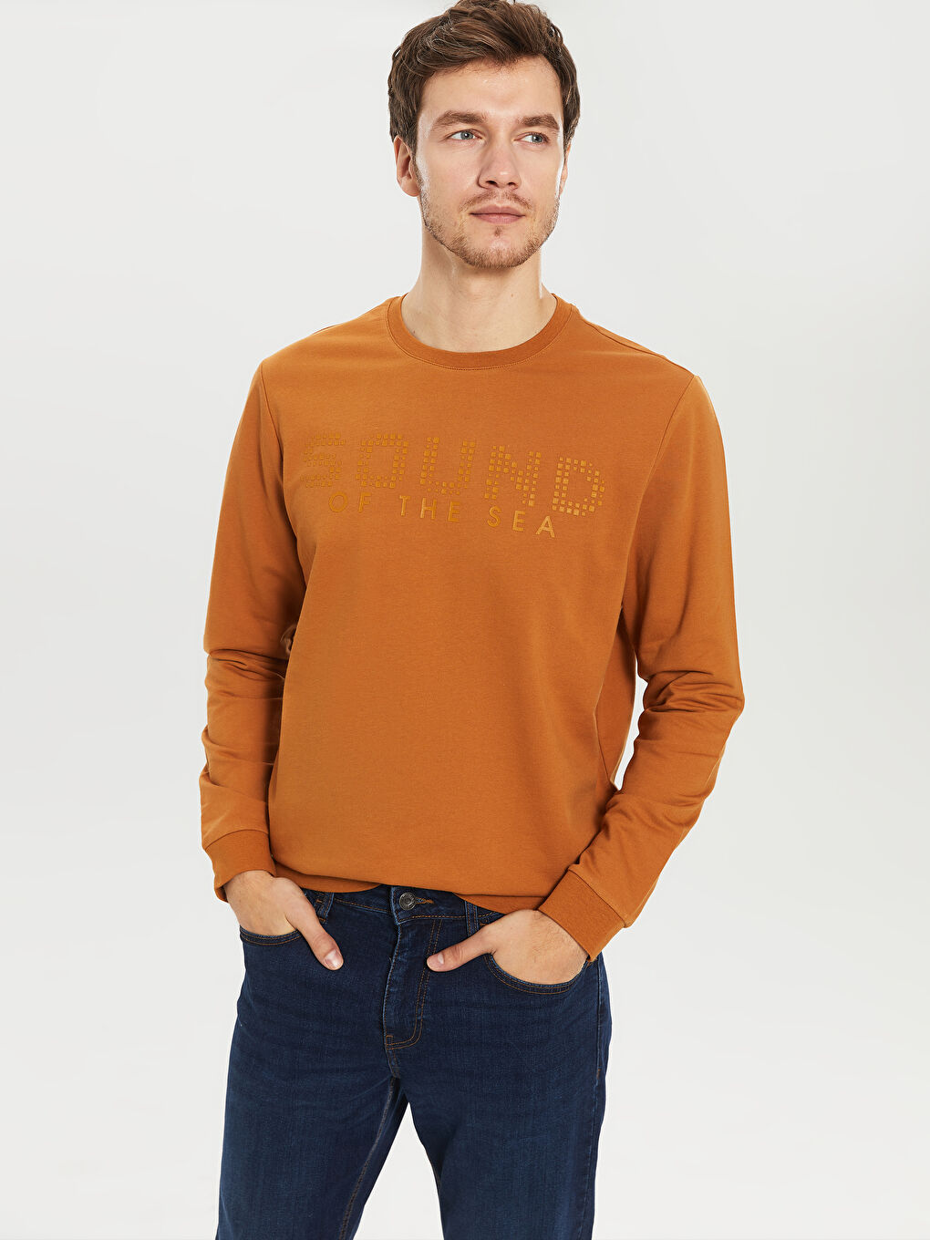 Kahverengi Bisiklet Yaka Uzun Kollu Erkek Sweatshirt