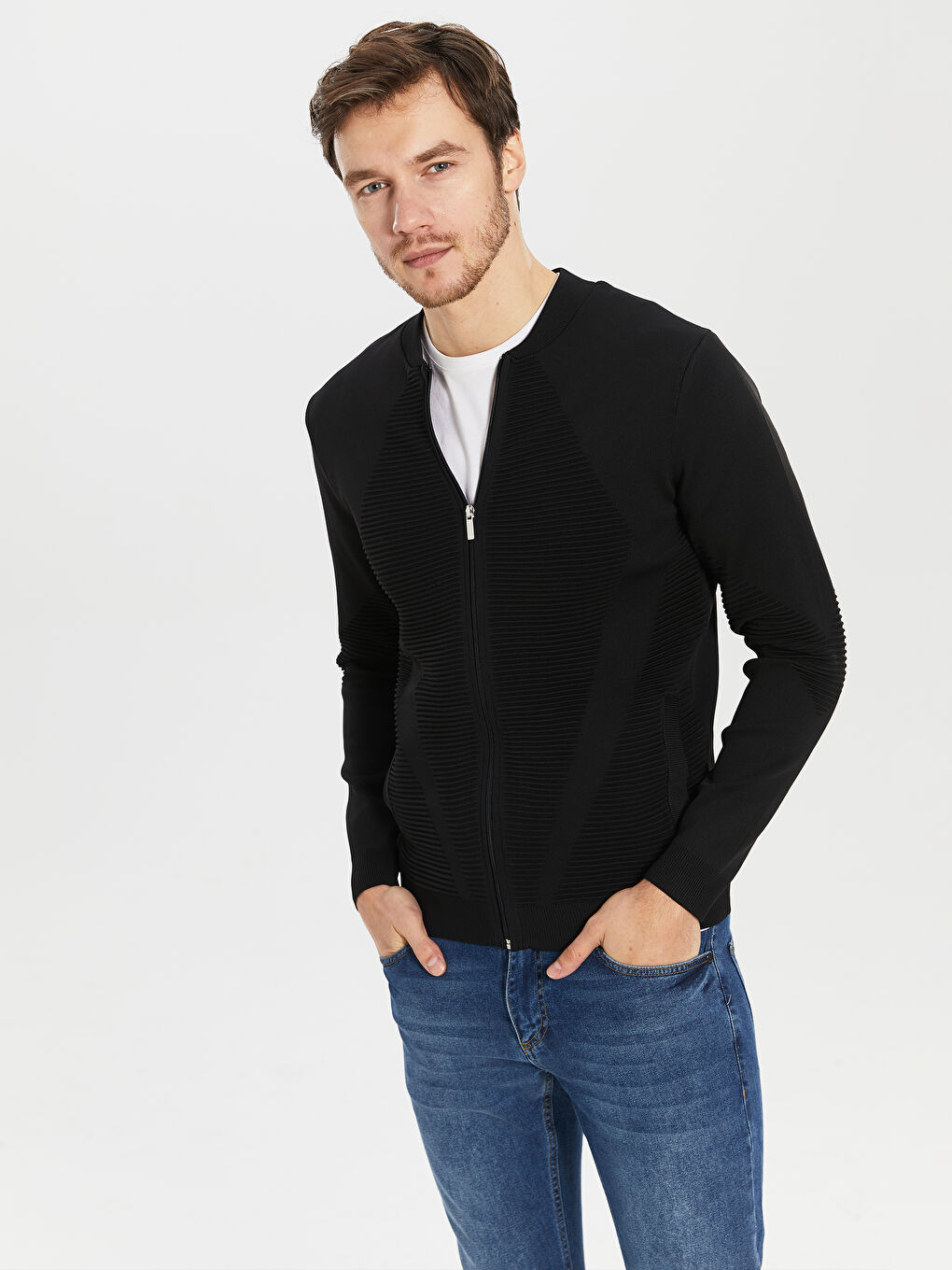 Siyah Slim Fit Kolej Yaka İnce Erkek Triko Hırka