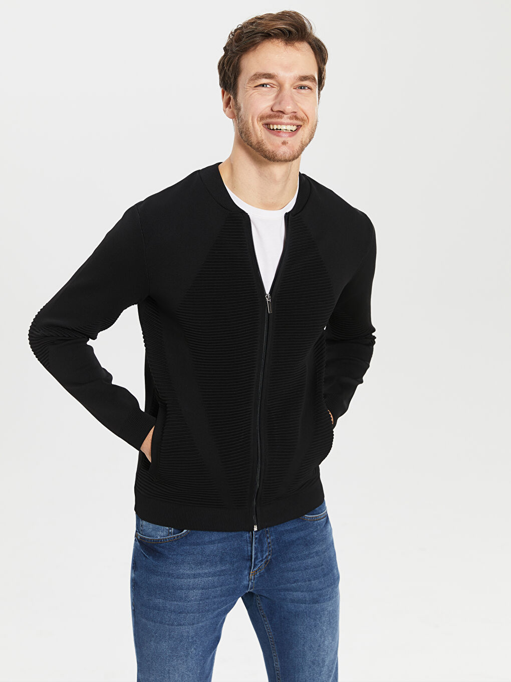 Siyah Slim Fit Kolej Yaka İnce Erkek Triko Hırka-2