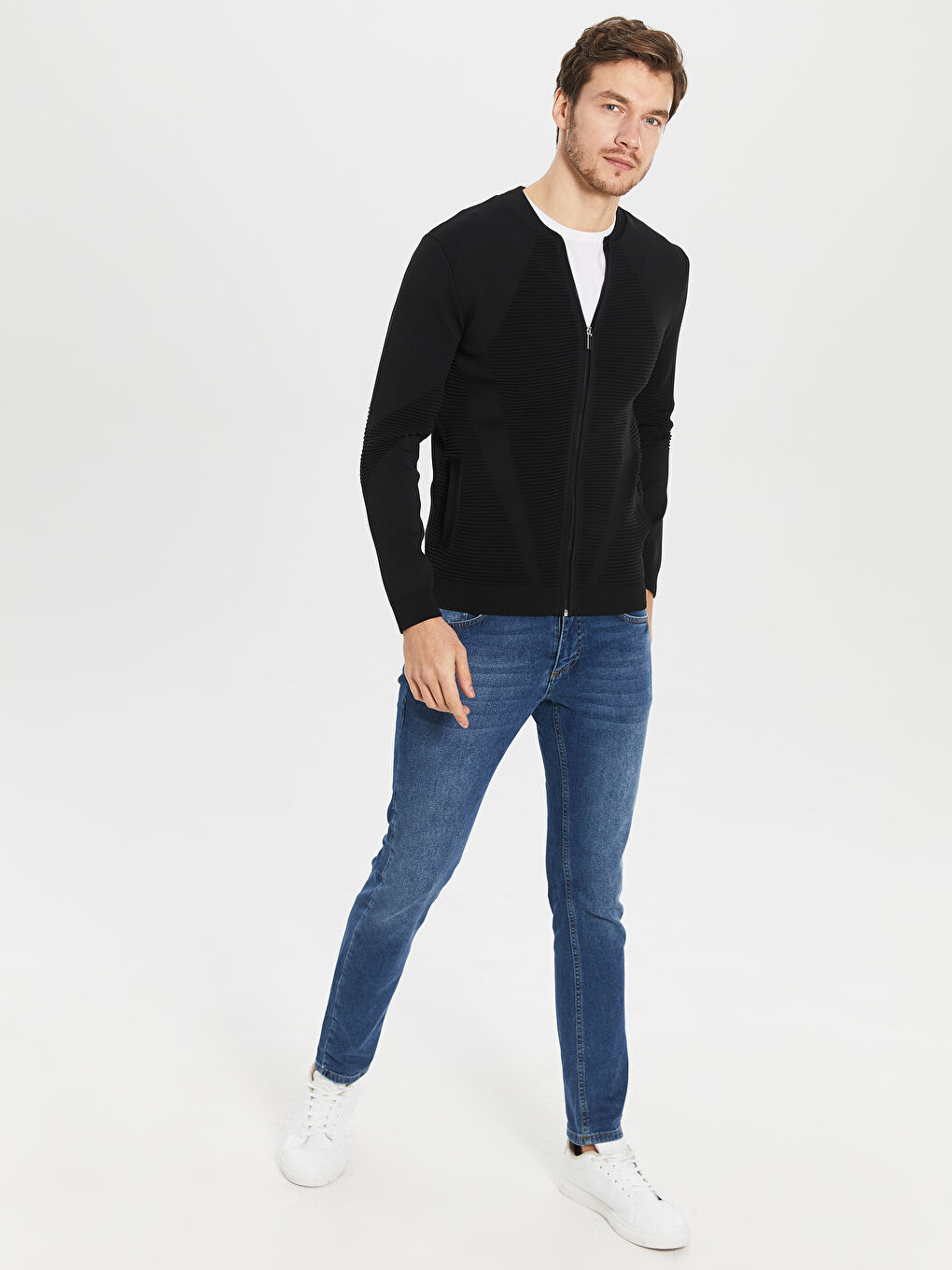 Siyah Slim Fit Kolej Yaka İnce Erkek Triko Hırka-4