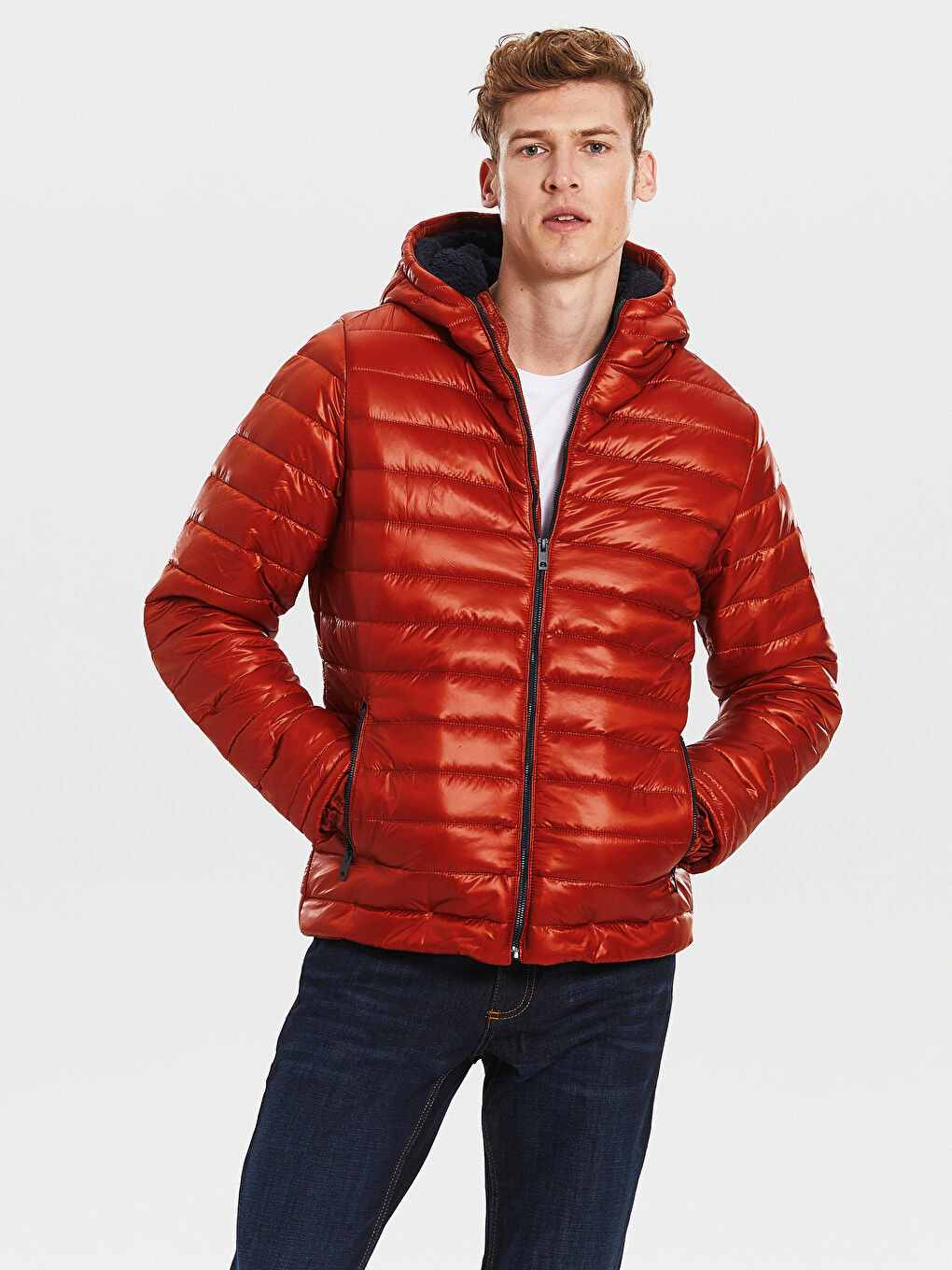 Turuncu Dik Yaka Erkek Şişme Mont