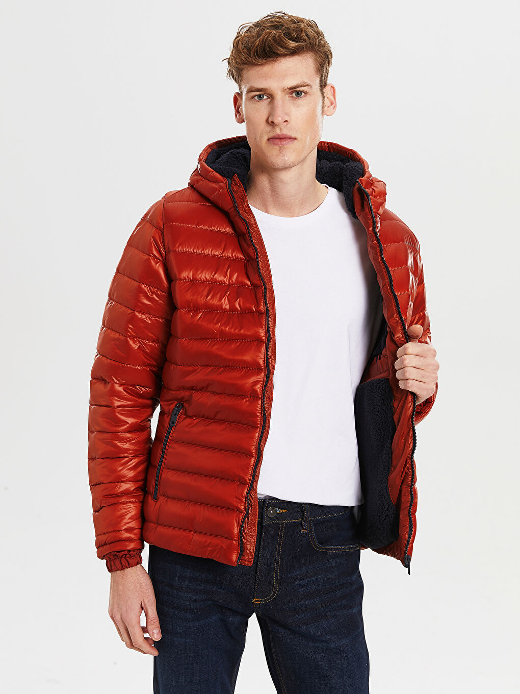 Turuncu Dik Yaka Erkek Şişme Mont-2