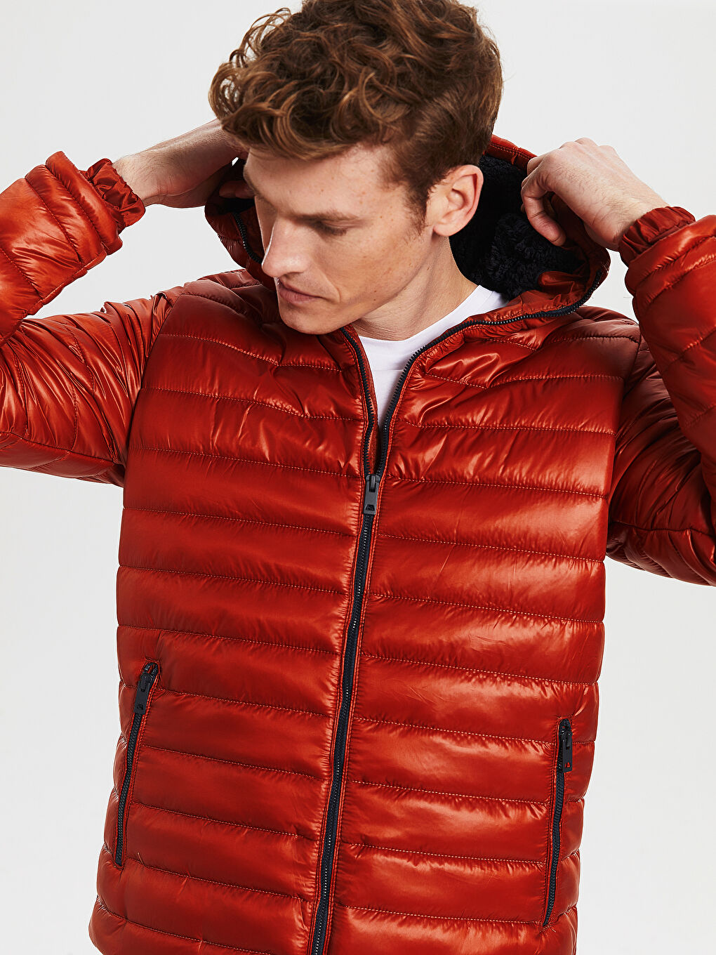 Turuncu Dik Yaka Erkek Şişme Mont-3