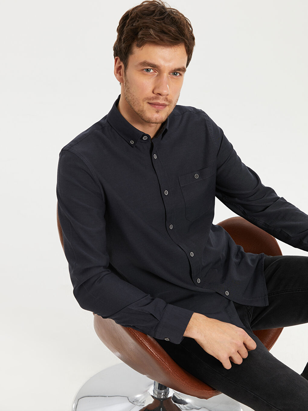 Antrasit Regular Fit Uzun Kollu Gabardin Erkek Gömlek-1