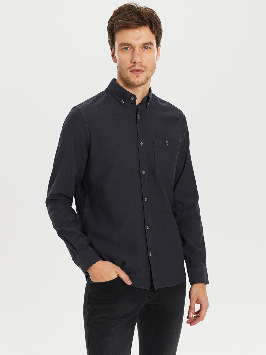 Antrasit Regular Fit Uzun Kollu Gabardin Erkek Gömlek-2