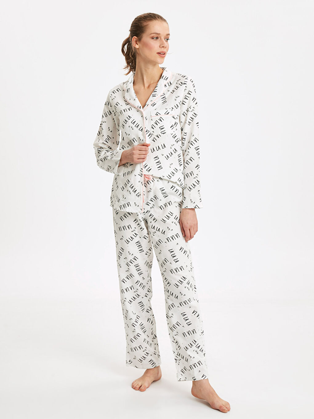 Gömlek Yaka Uzun Kollu Kadın Gabardin Pijama Takım