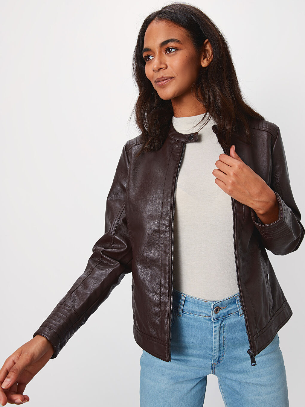 Kahverengi Deri Görünümlü Mont-1