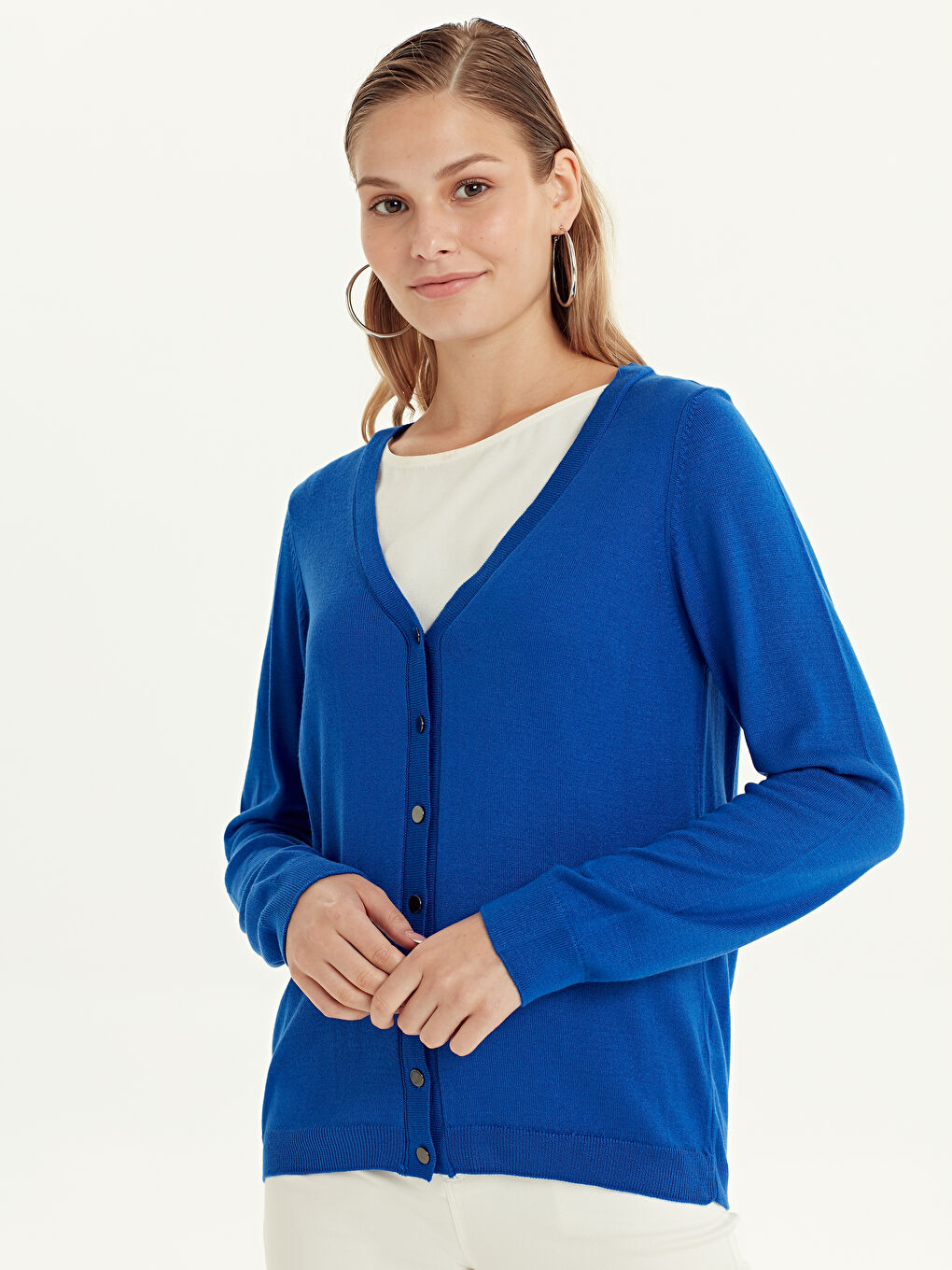 Mavi V Yaka Kadın Hırka-1