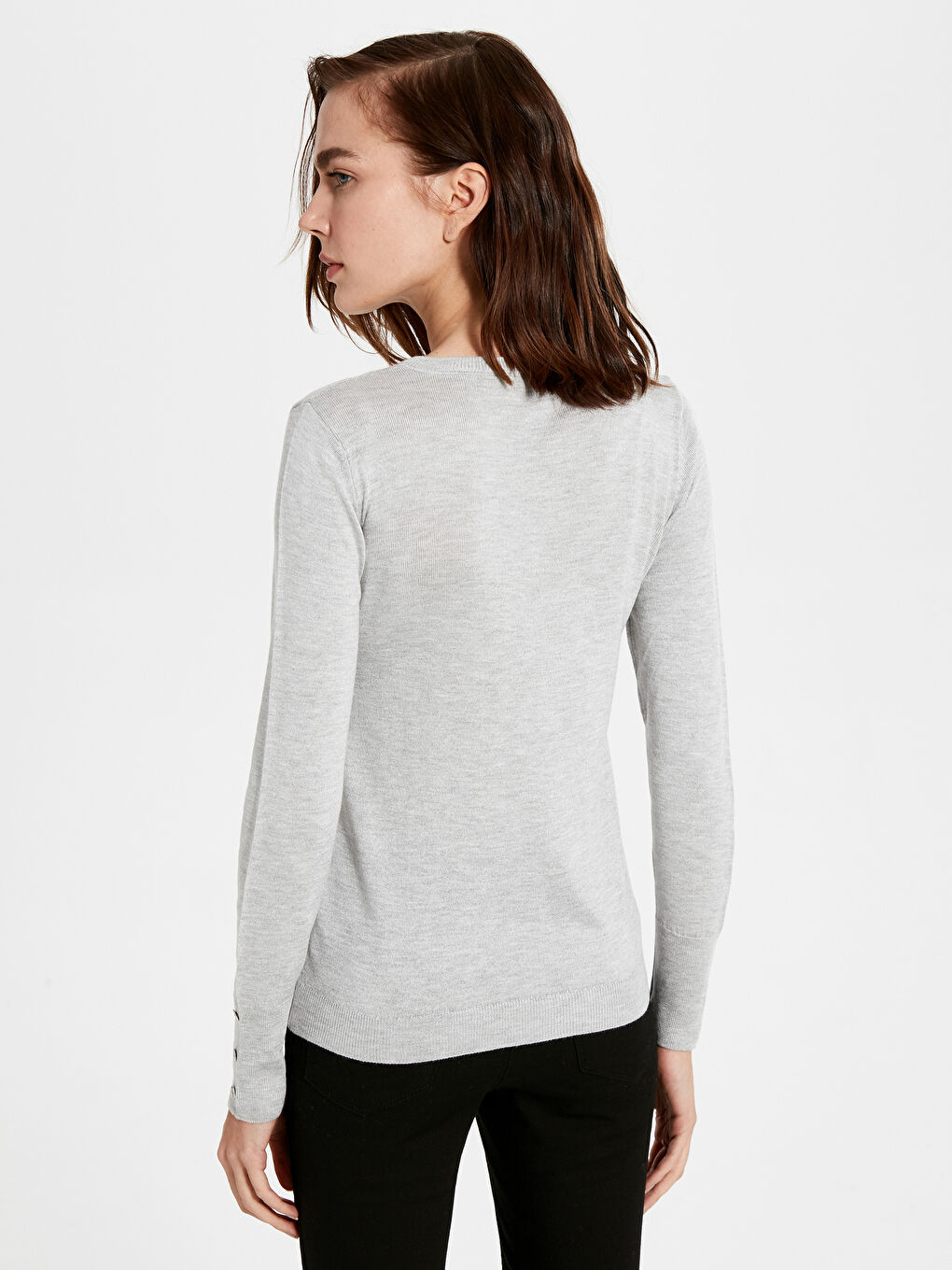 Gri V Yaka Kadın Kazak-1