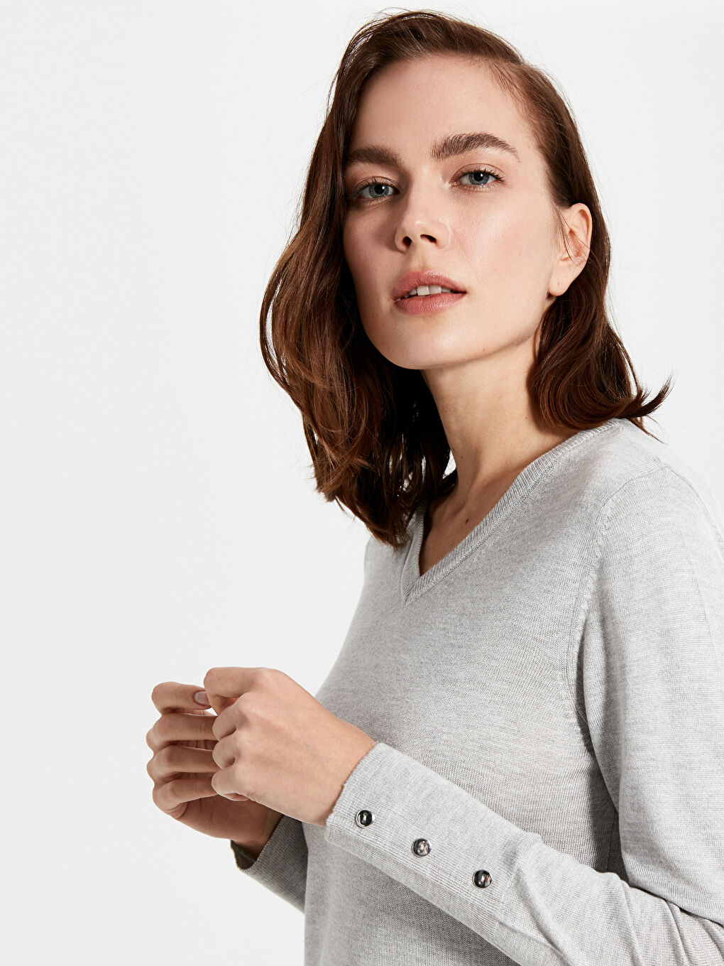 Gri V Yaka Kadın Kazak-2