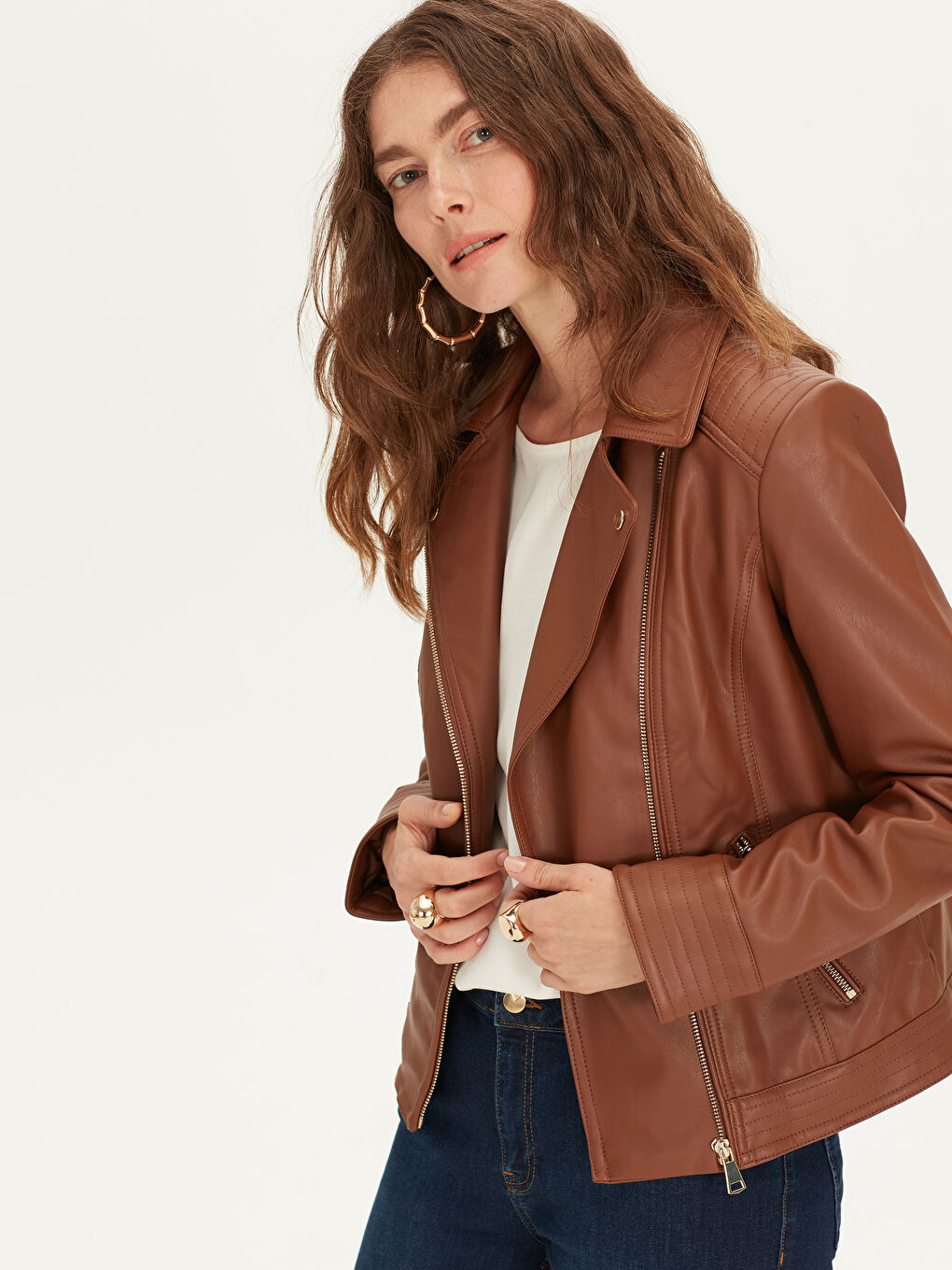 Kahverengi Açık Kahve Deri Görünümlü Mont-1