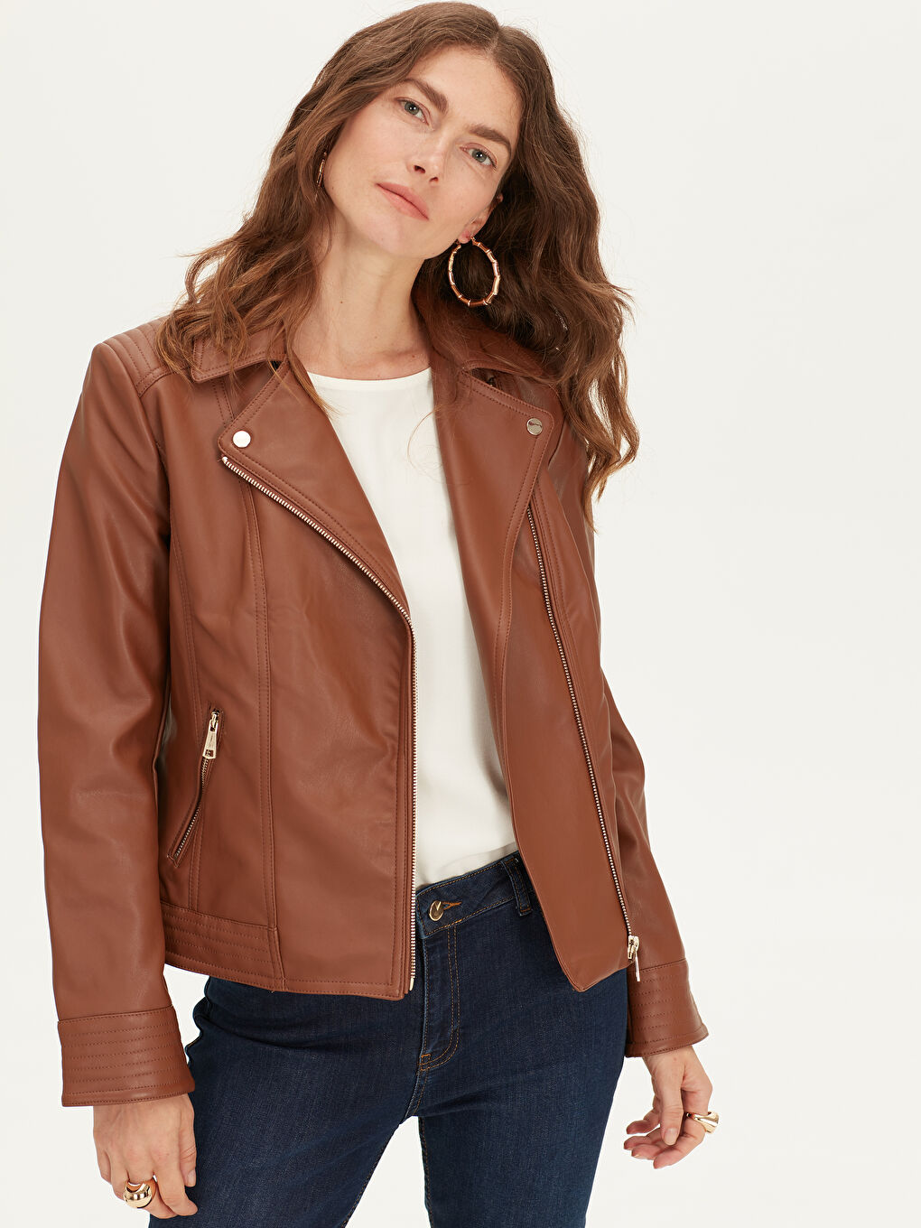 Kahverengi Açık Kahve Deri Görünümlü Mont-3