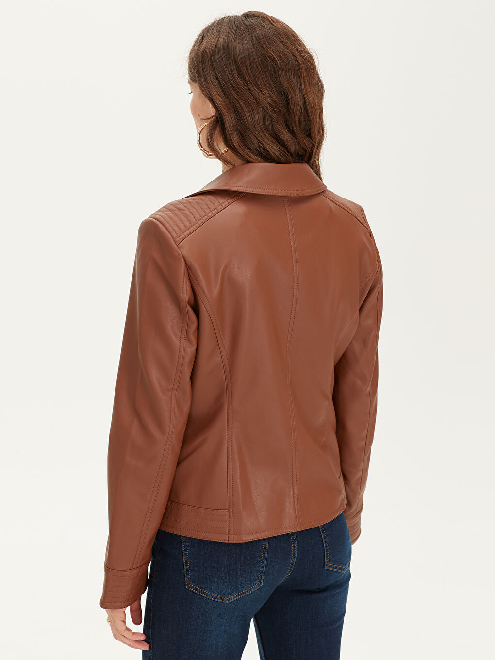 Kahverengi Açık Kahve Deri Görünümlü Mont-4