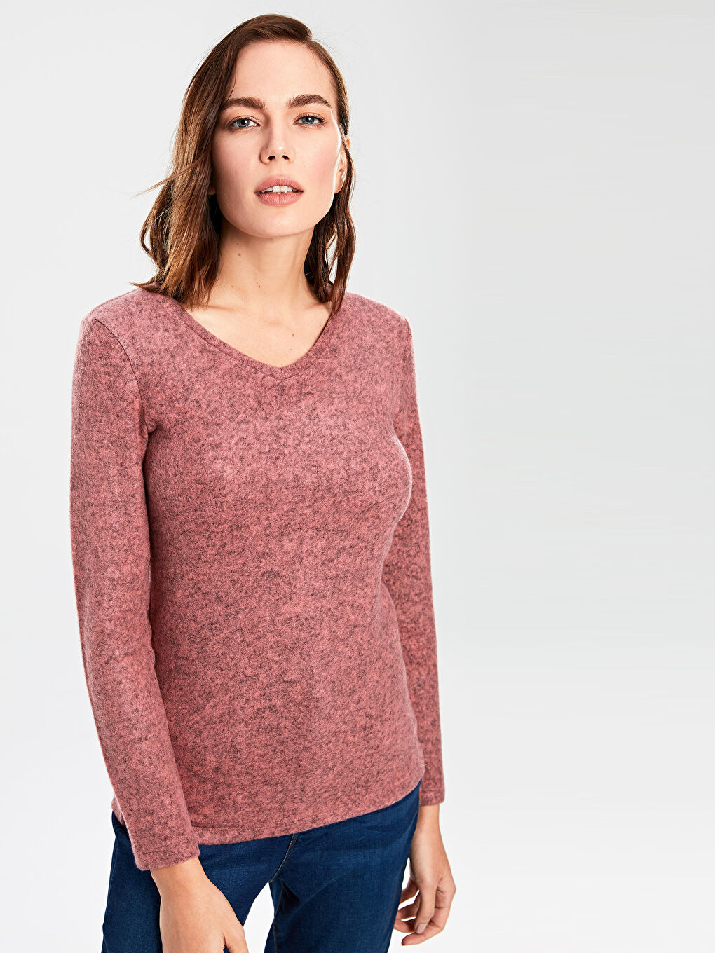 Pembe V Yaka Uzun Kollu Kadın Tişört-1