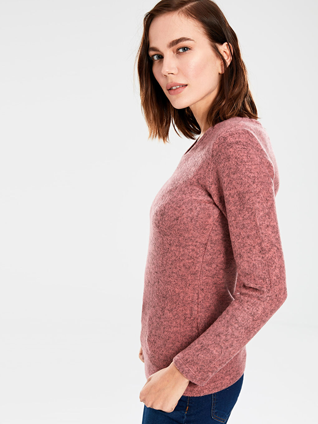 Pembe V Yaka Uzun Kollu Kadın Tişört-2