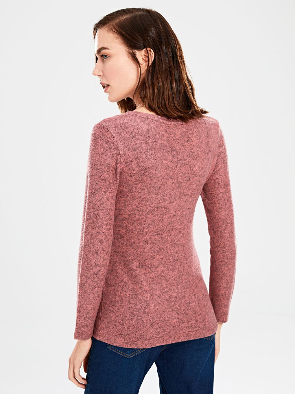 Pembe V Yaka Uzun Kollu Kadın Tişört-3