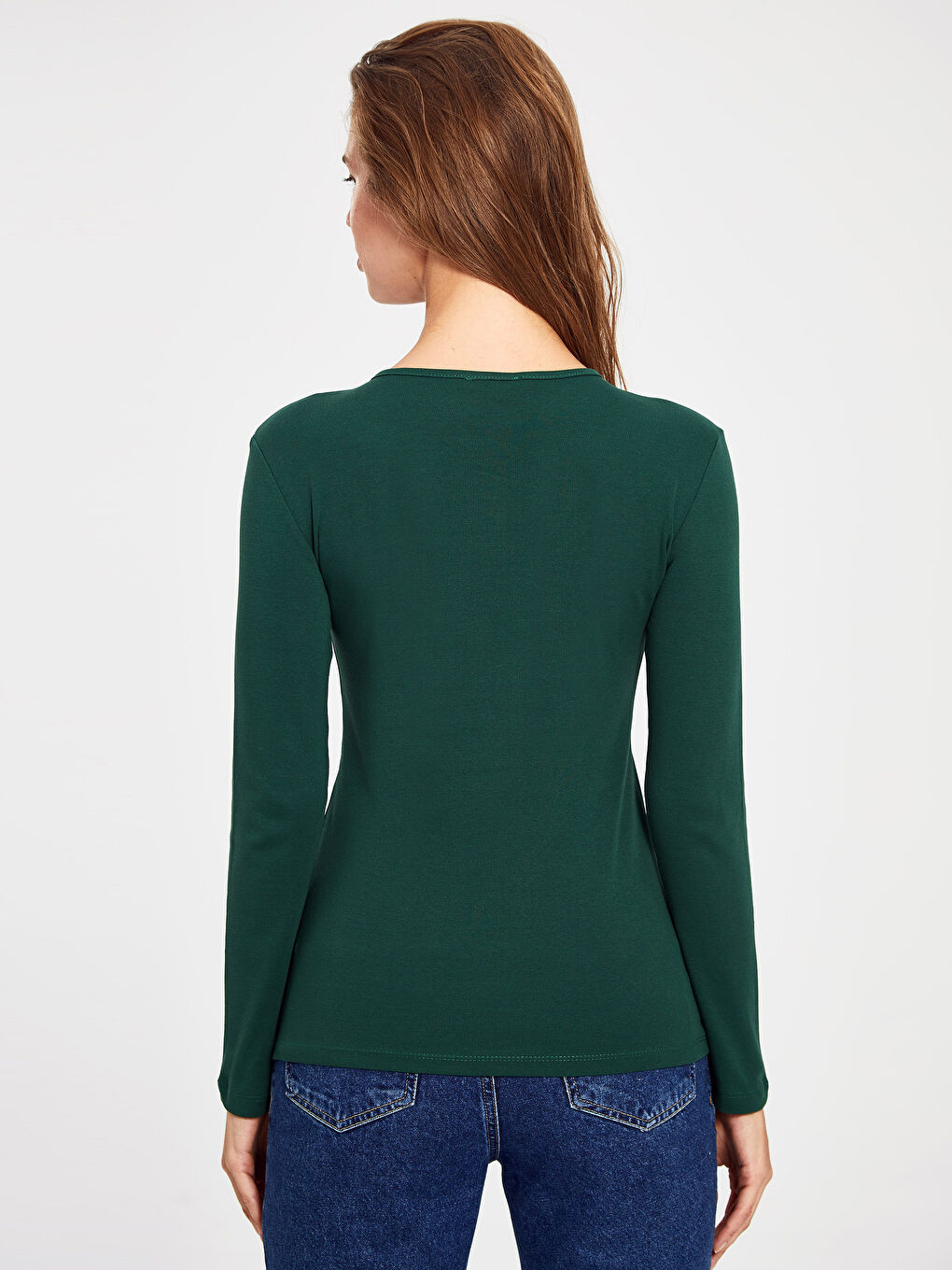 Yeşil Düz Basic Pamuklu Uzun Kollu Kadın Tişört-2