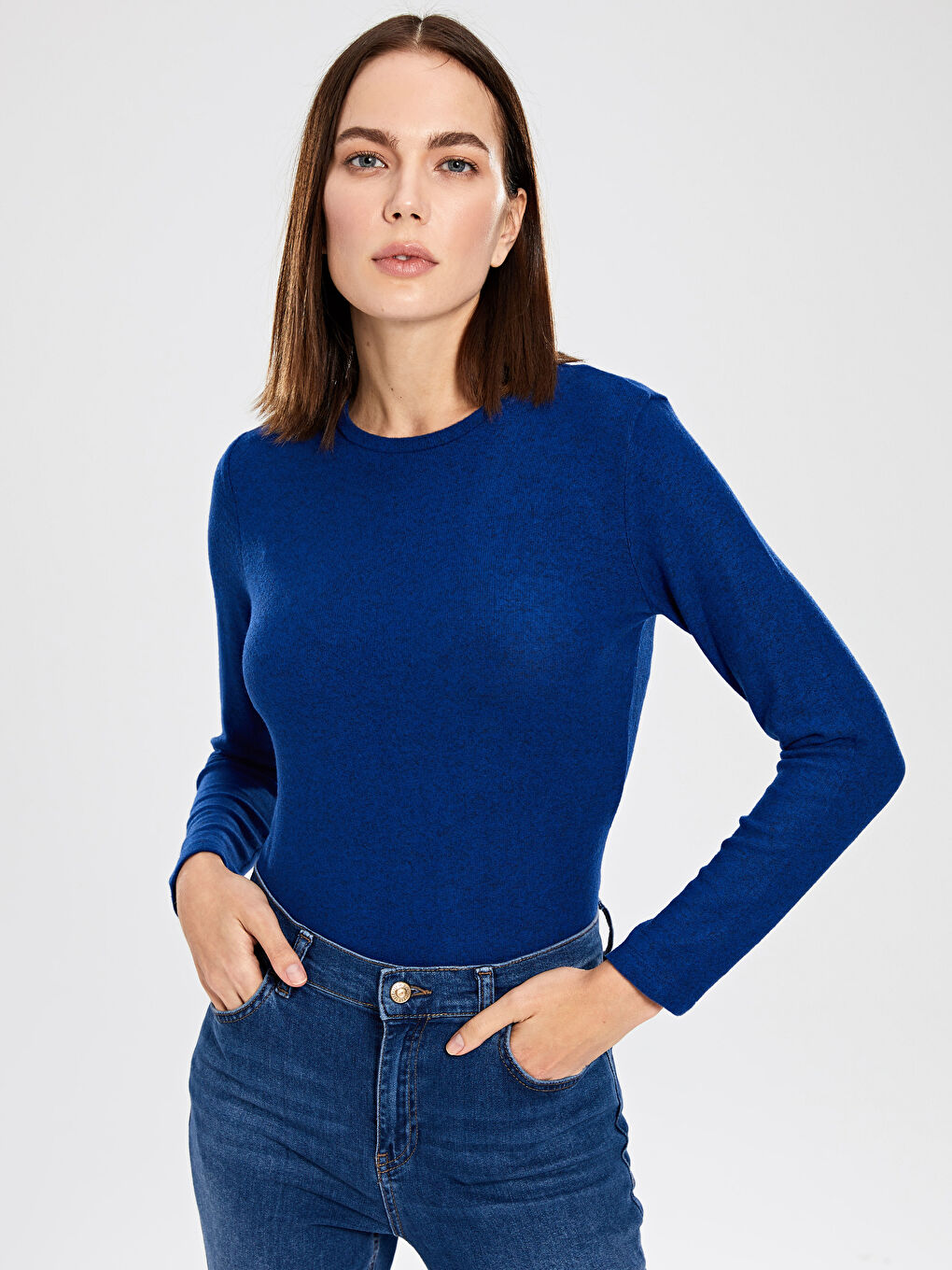 Mavi Bisiklet Yaka Düz Uzun Kollu Kadın Tişört-1