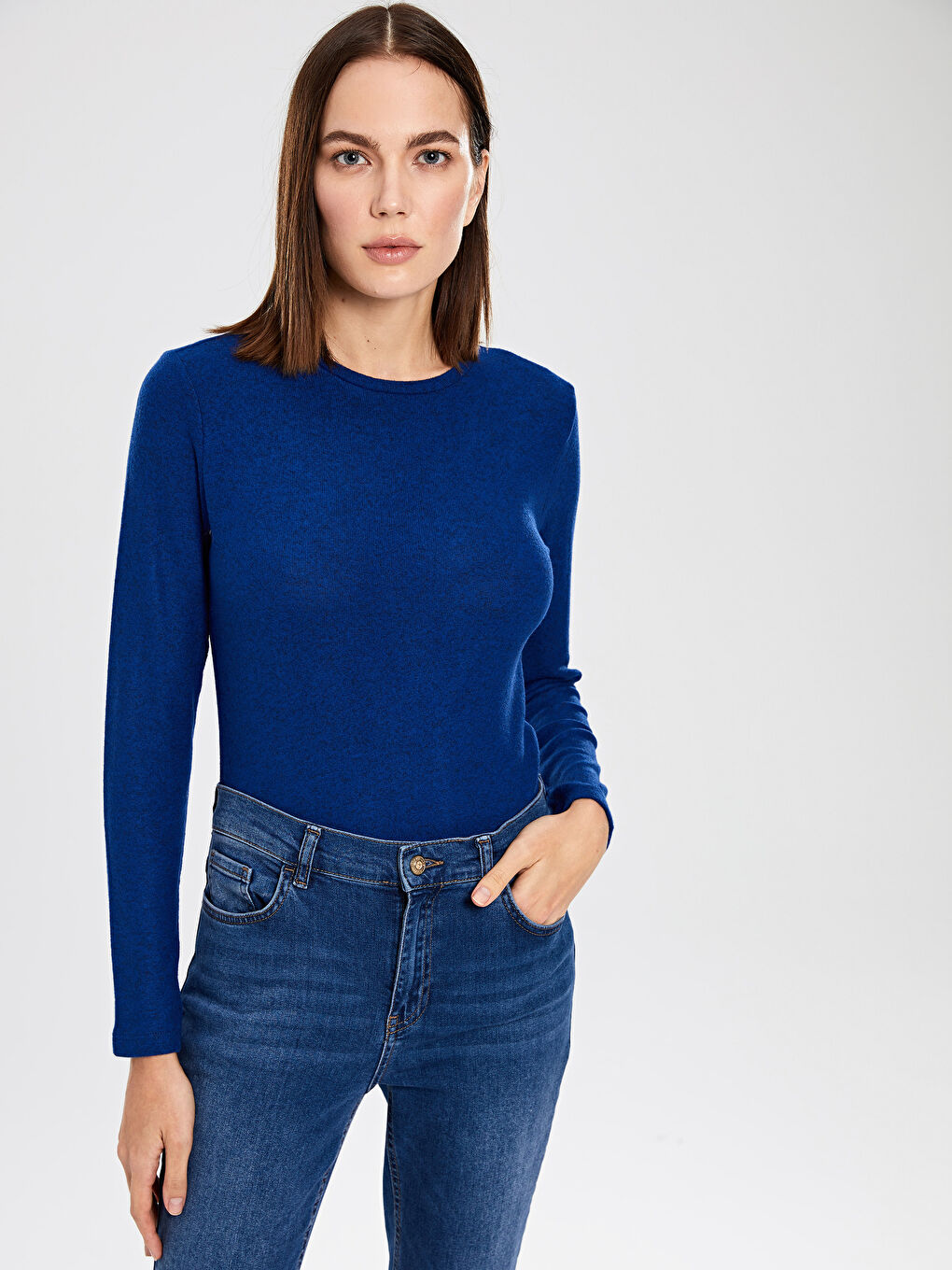 Mavi Bisiklet Yaka Düz Uzun Kollu Kadın Tişört-2