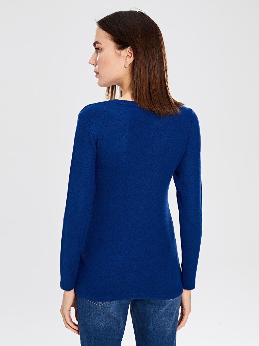 Mavi Bisiklet Yaka Düz Uzun Kollu Kadın Tişört-3