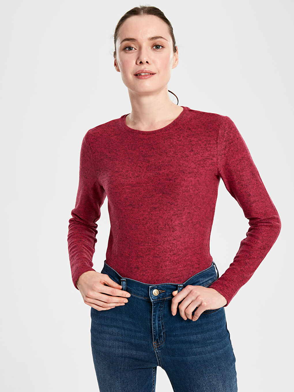 Pembe Bisiklet Yaka Düz Uzun Kollu Kadın Tişört