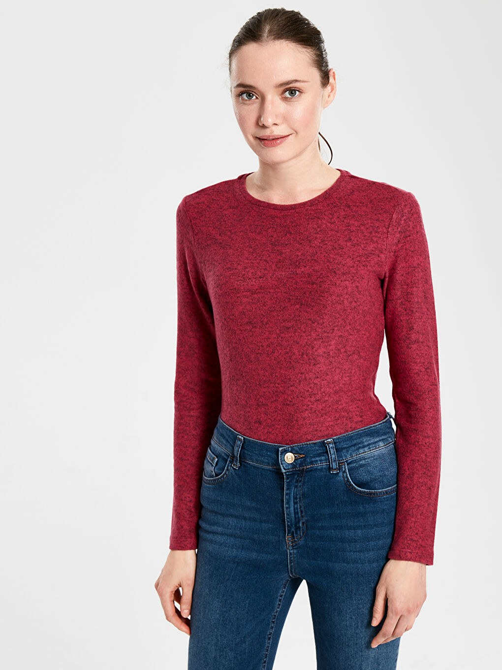 Pembe Bisiklet Yaka Düz Uzun Kollu Kadın Tişört-1