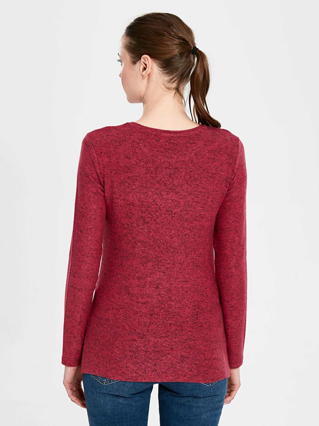 Pembe Bisiklet Yaka Düz Uzun Kollu Kadın Tişört-2