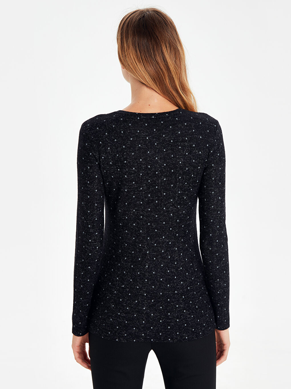 Antrasit Bisiklet Yaka Puantiyeli Uzun Kollu Kadın Tişört-2