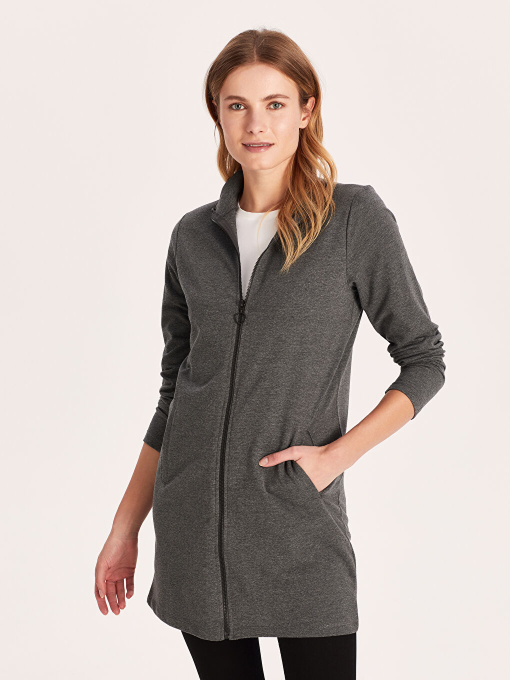 Antrasit Hakim Yaka Uzun Kollu Kadın Fermuarlı Hırka-1