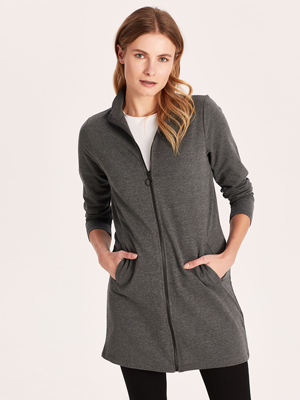 Antrasit Hakim Yaka Uzun Kollu Kadın Fermuarlı Hırka-2