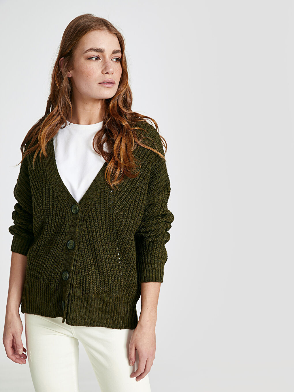 Haki V Yaka Uzun Kollu Kadın Hırka-1