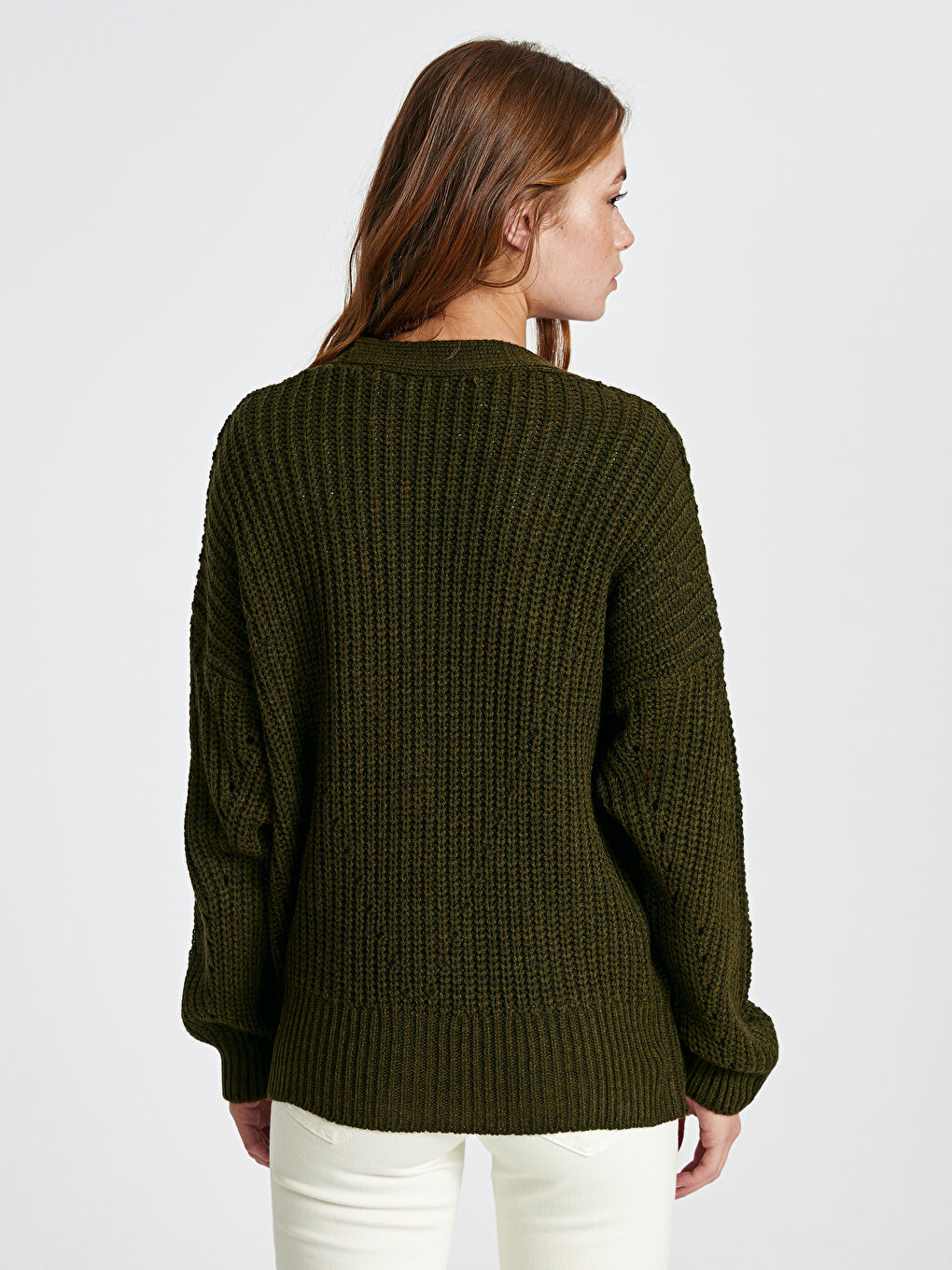 Haki V Yaka Uzun Kollu Kadın Hırka-2