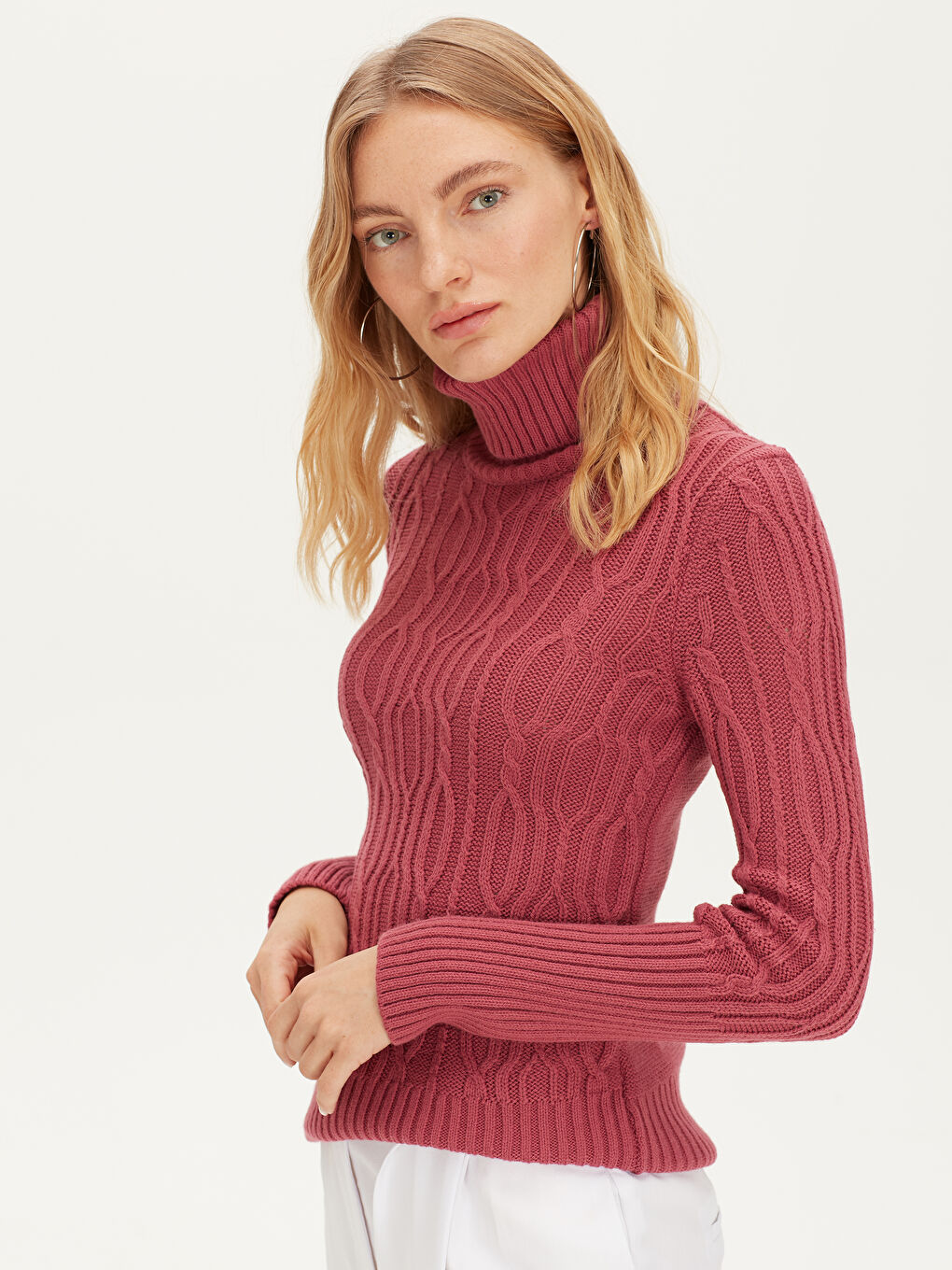 Pembe Balıkçı Yaka Uzun Kollu Kadın Kazak