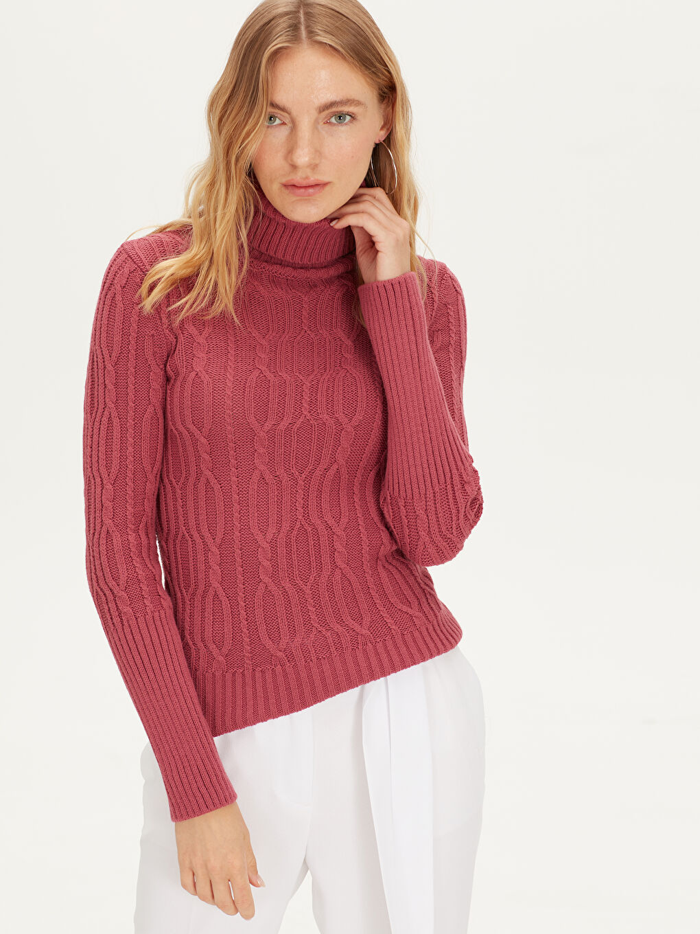 Pembe Balıkçı Yaka Uzun Kollu Kadın Kazak-1