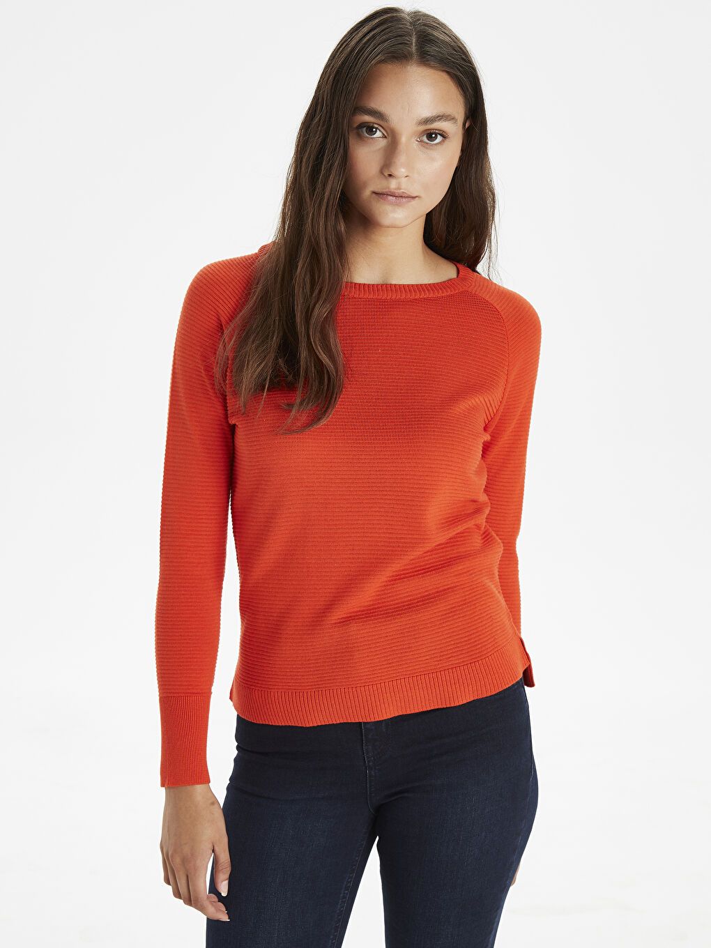 Turuncu Bisiklet Yaka Düz Uzun Kollu Kadın Triko  Kazak-1