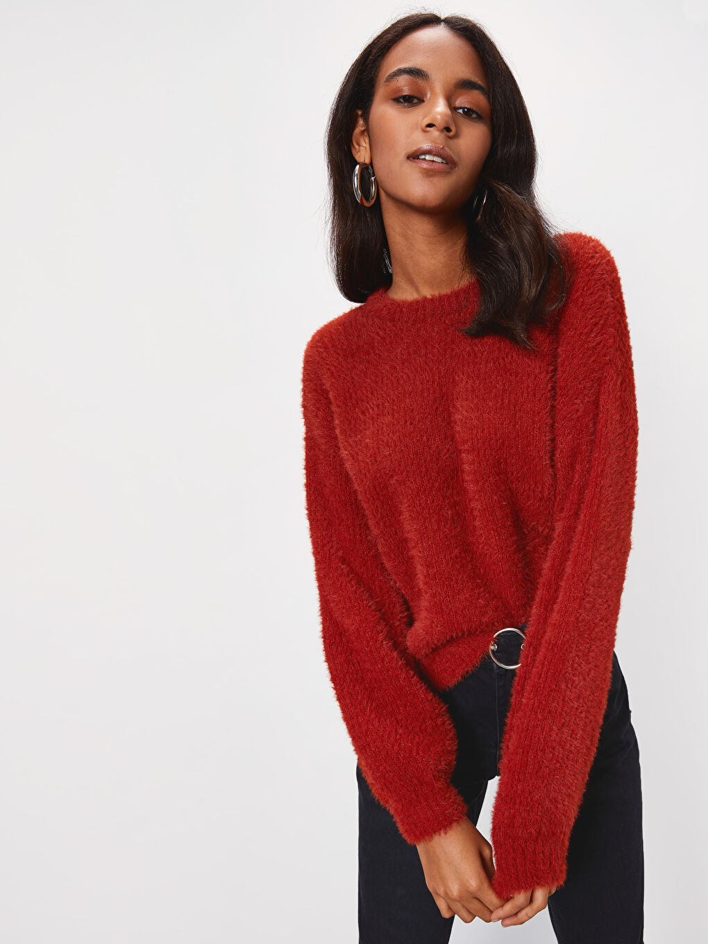 Свитер из трикотажа с круглым вырезом и длинным рукавом для женщин-1