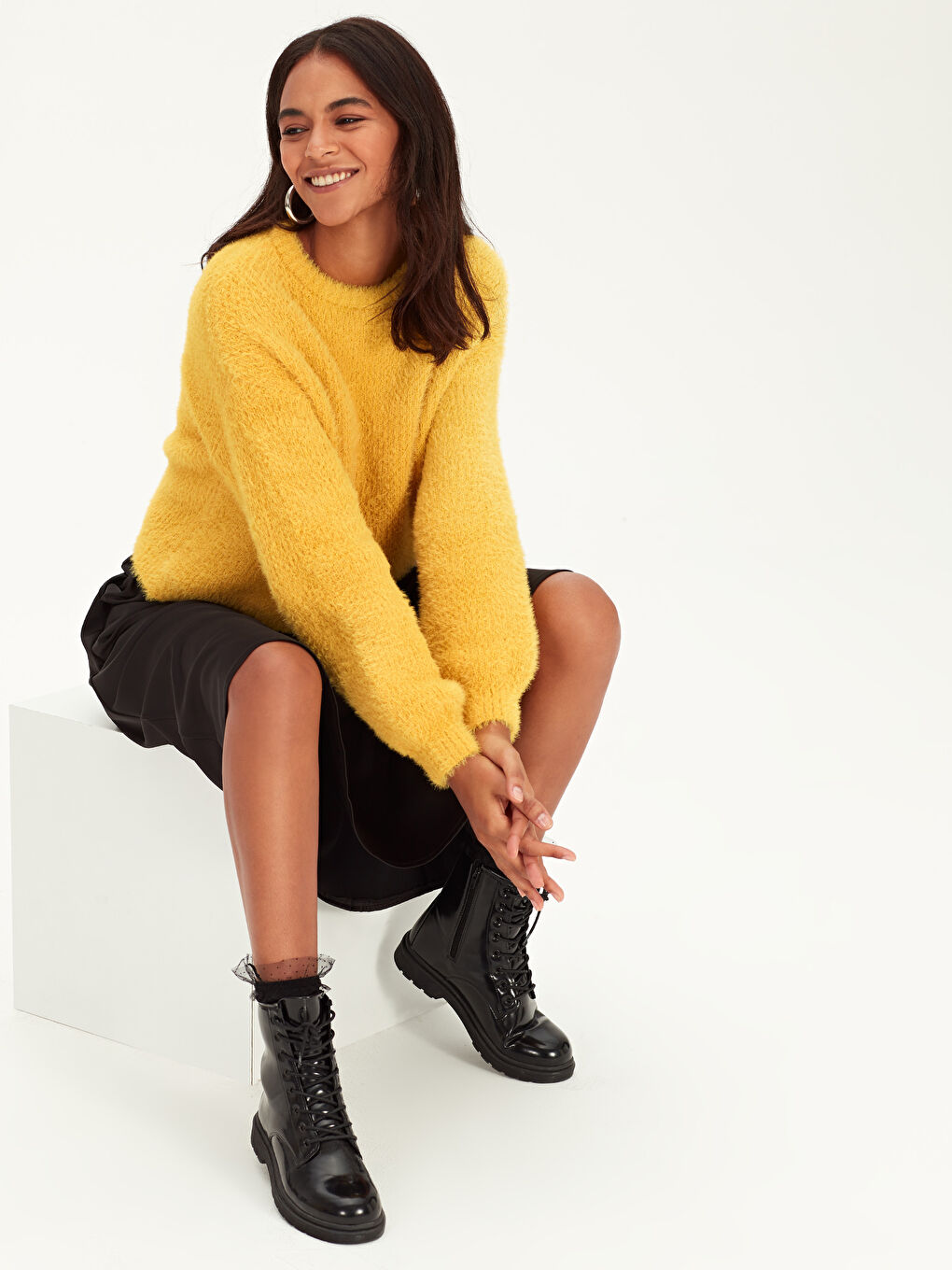 Sarı Bisiklet Yaka Uzun Kollu Kadın Triko Kazak