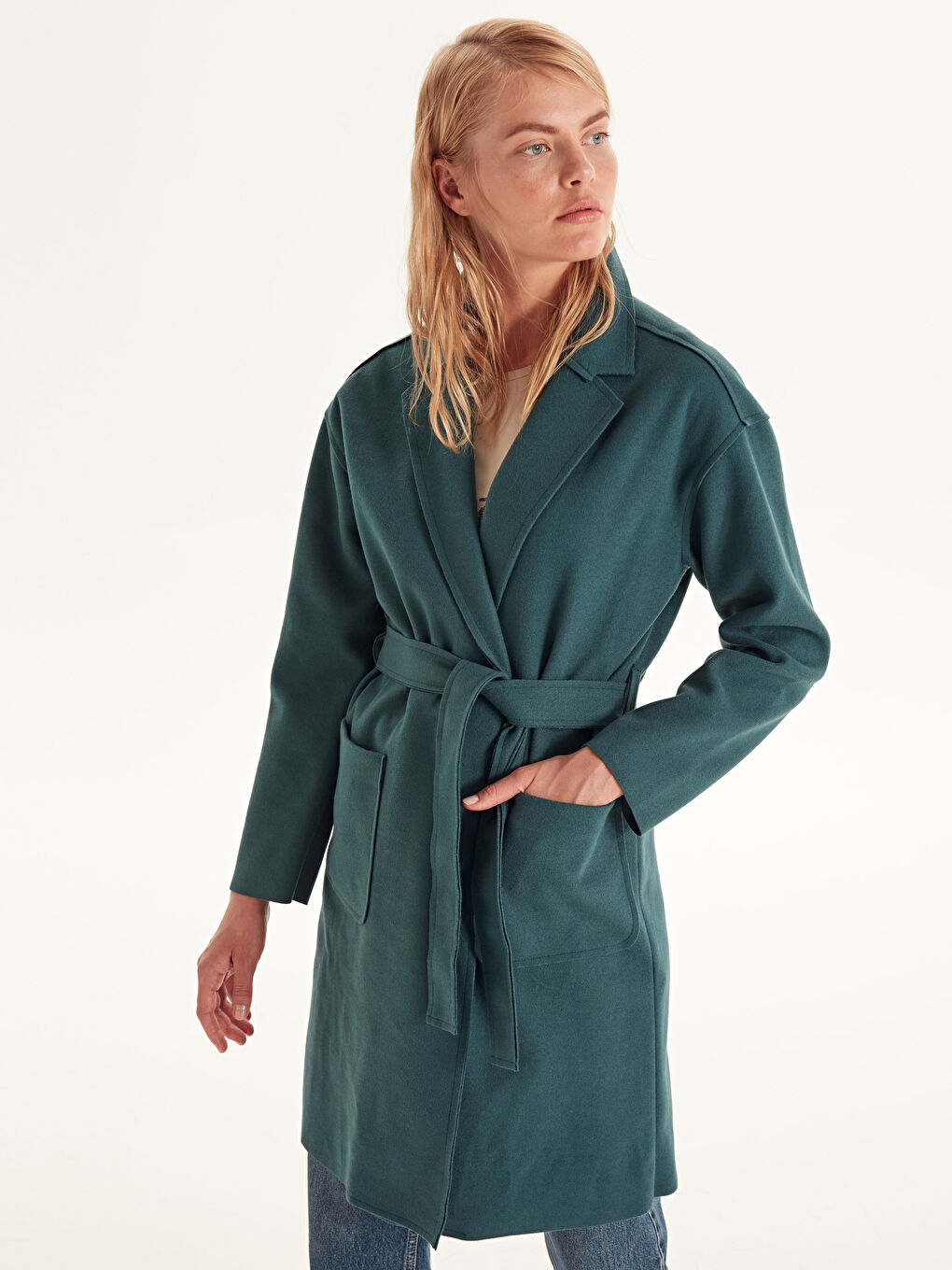 Turkuaz Diğer Uzun Kollu Kadın Kaşe Kaban