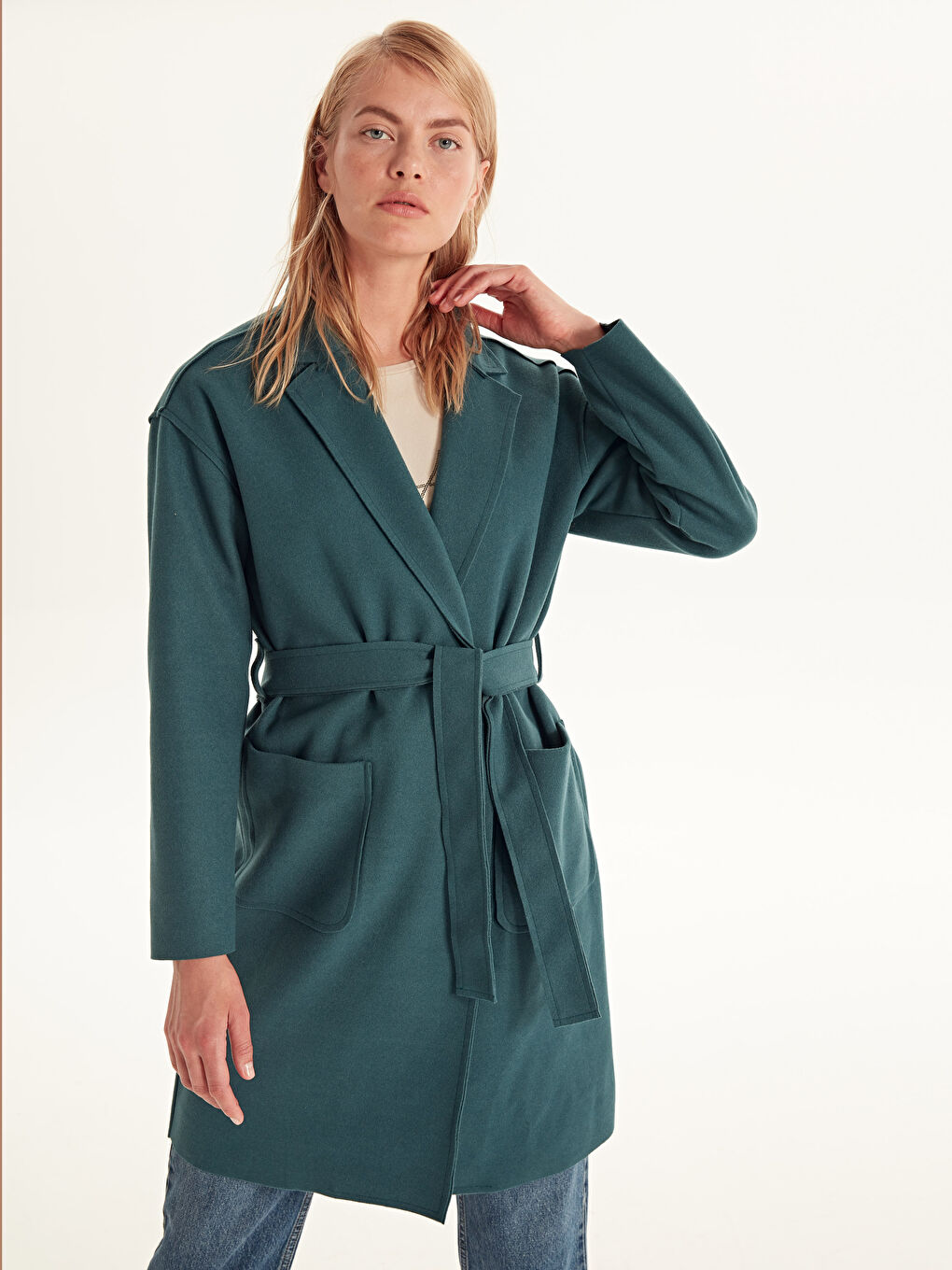 Turkuaz Diğer Uzun Kollu Kadın Kaşe Kaban-1