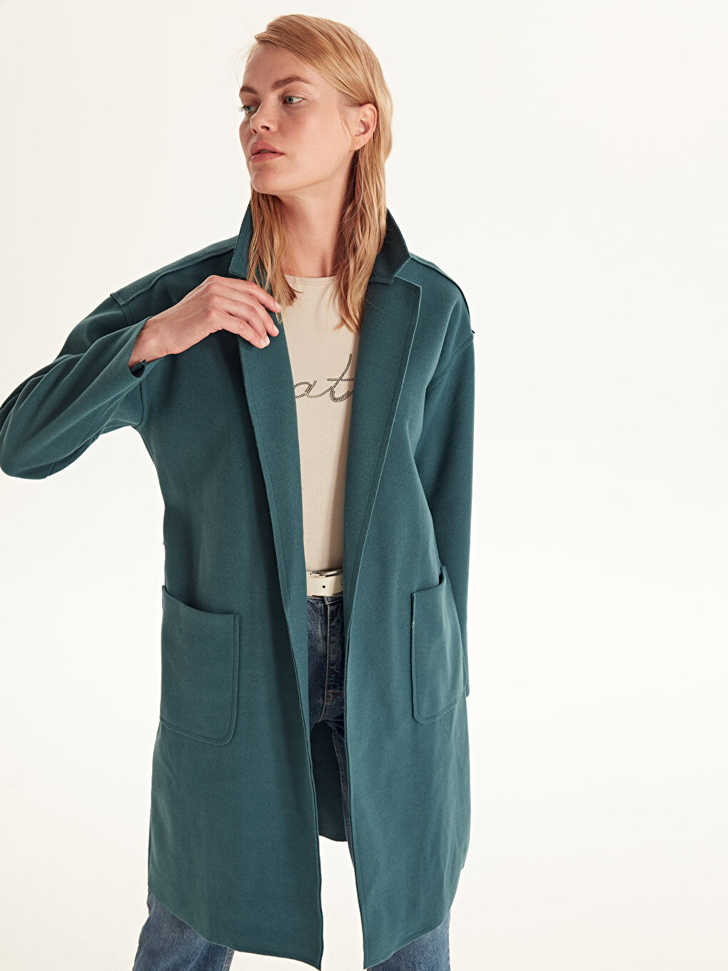 Turkuaz Diğer Uzun Kollu Kadın Kaşe Kaban-2