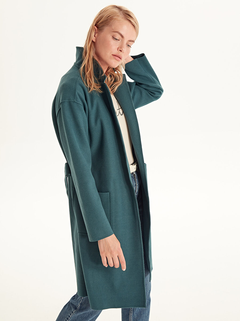 Turkuaz Diğer Uzun Kollu Kadın Kaşe Kaban-3