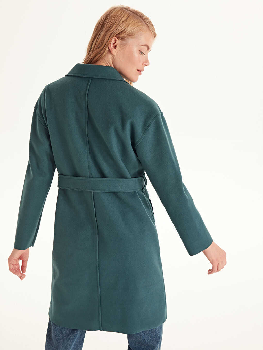 Turkuaz Diğer Uzun Kollu Kadın Kaşe Kaban-4