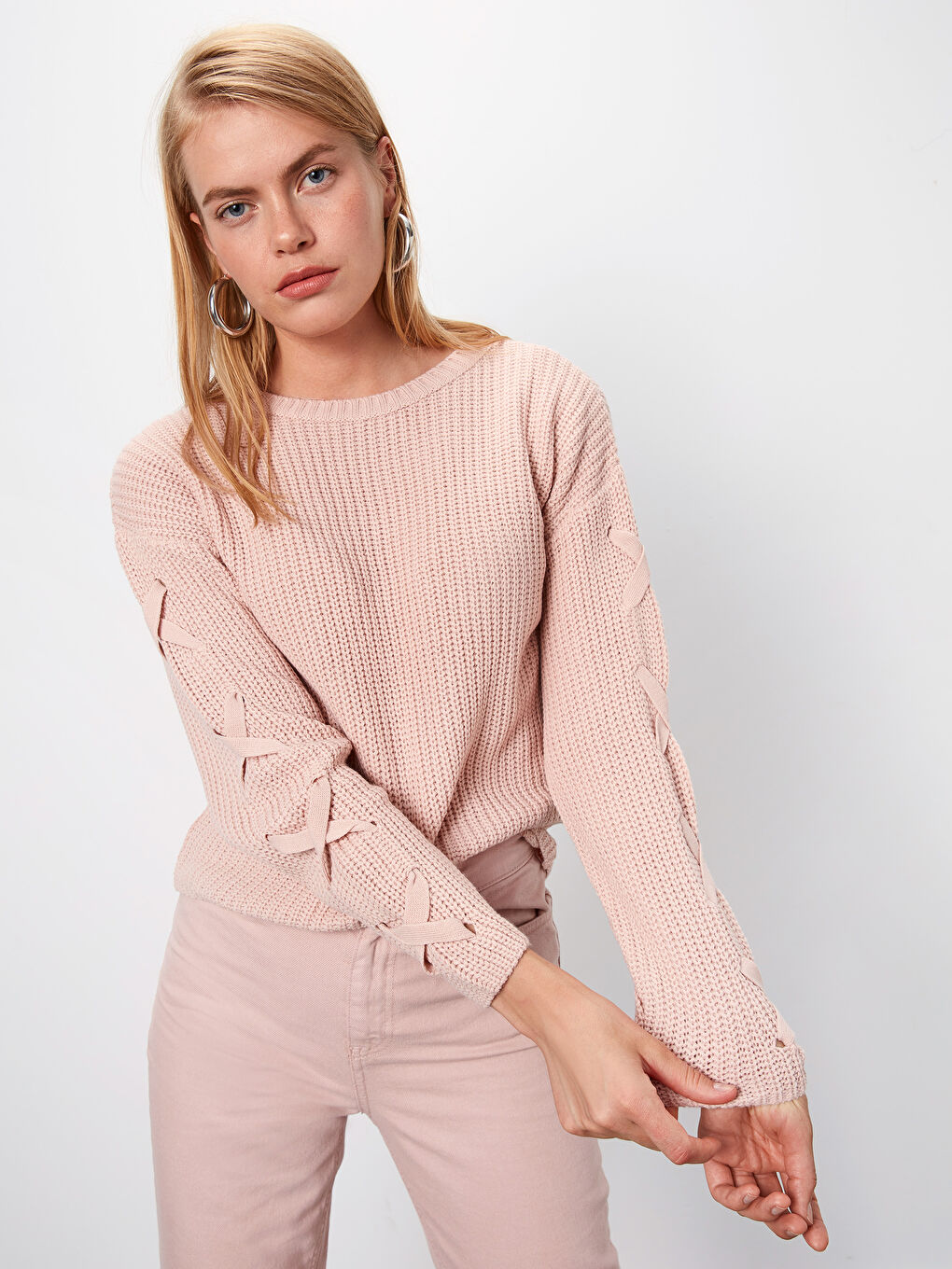 Pembe Bisiklet Yaka Uzun Kollu Kadın Kazak