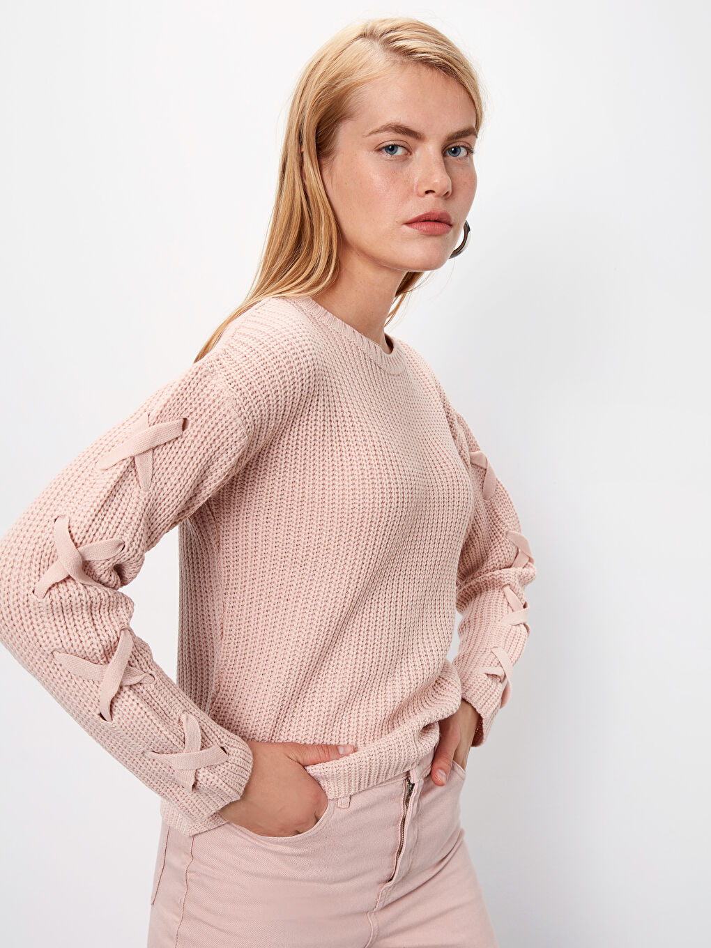 Pembe Bisiklet Yaka Uzun Kollu Kadın Kazak-1